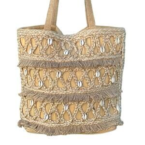 Salt + Umber ISLA Jute Seashell Tote Bag with Fringe, Handles & Interior Pocket